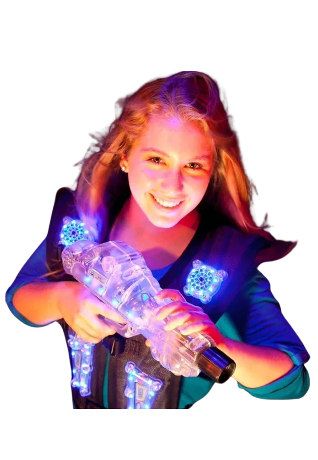 jeune femme avec gilet laser game